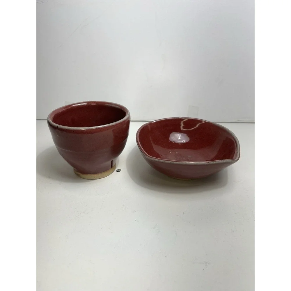 Japanese Studio Pottery Chawan Tea Cup & Bowl Set Red Glaze Signed M